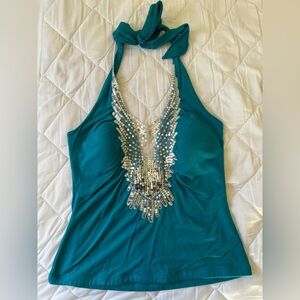 Vintage Y2K Cache Aqua Halter Top with Sequin Accents